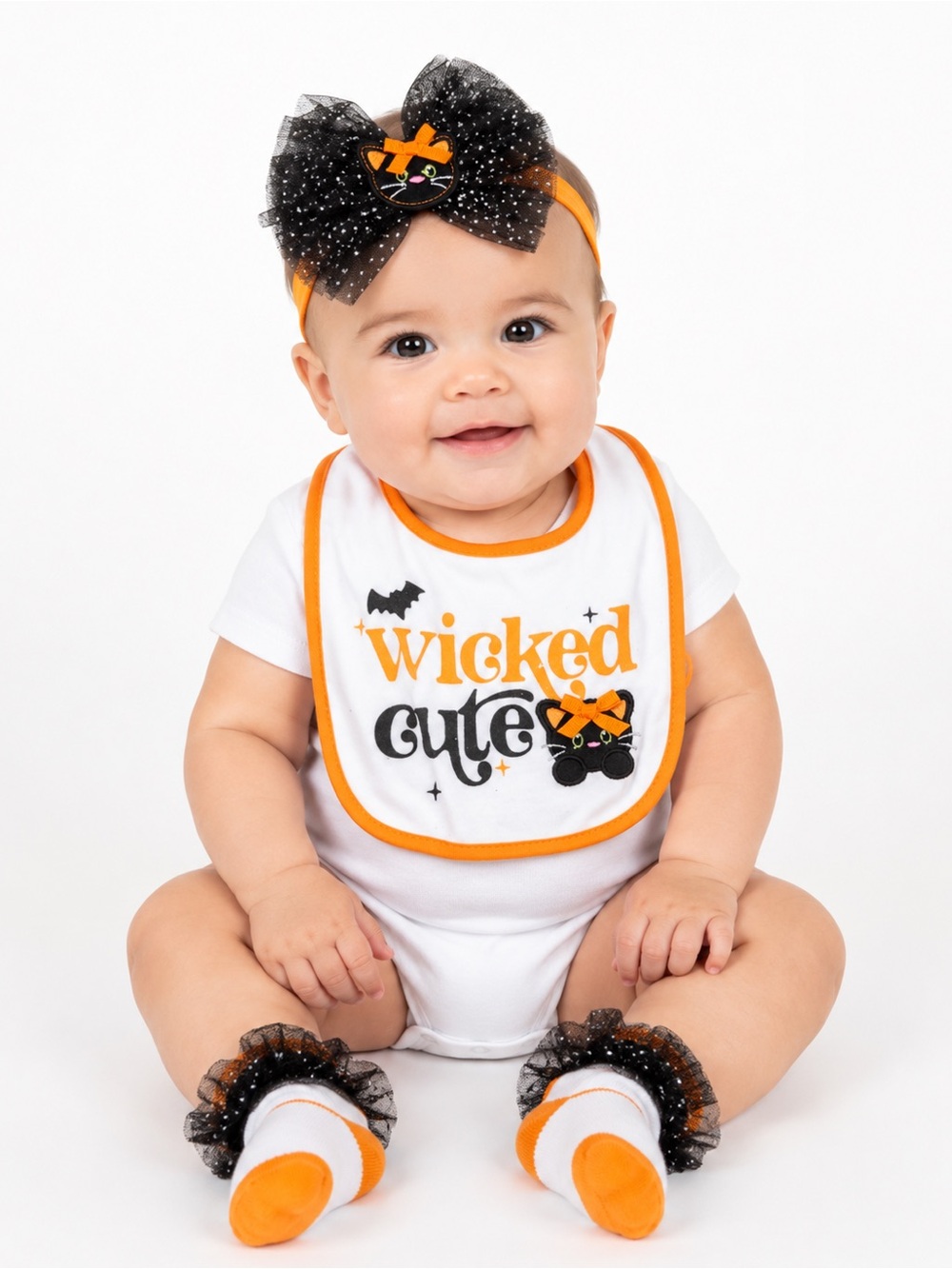 Baby Girl Halloween Wicked Cute Bib Cat Bow Headband Socks Set | NWOT